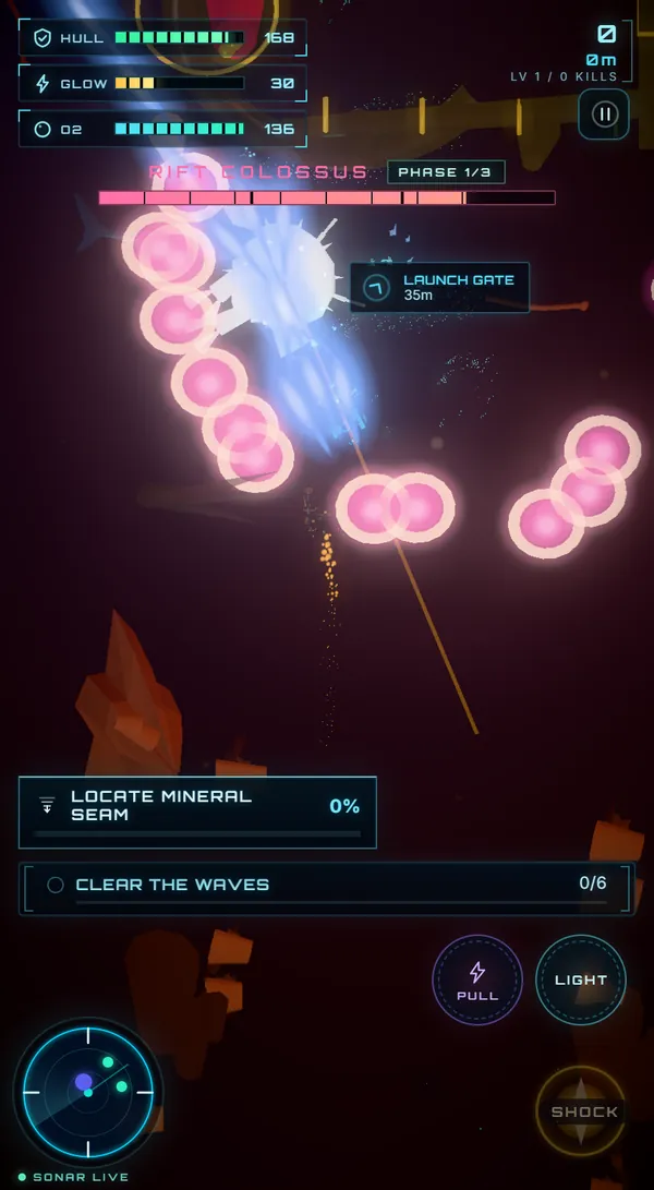 The Rift Colossus boss fight in phase two, orange light cutting through the vents