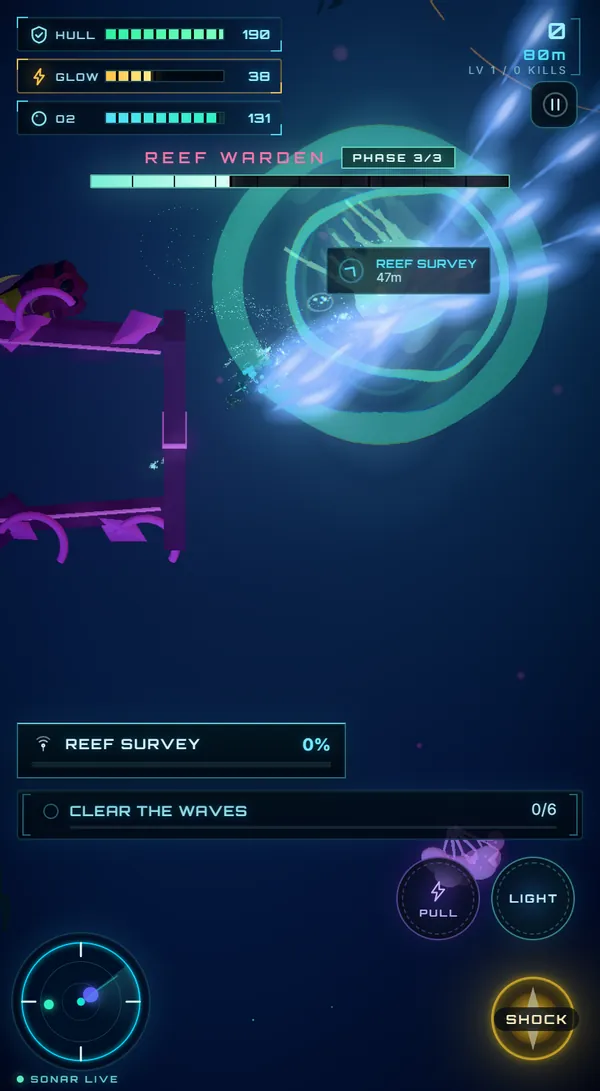 The Reef Warden boss fight with its health bar across the top and the sub's light ring pushed wide