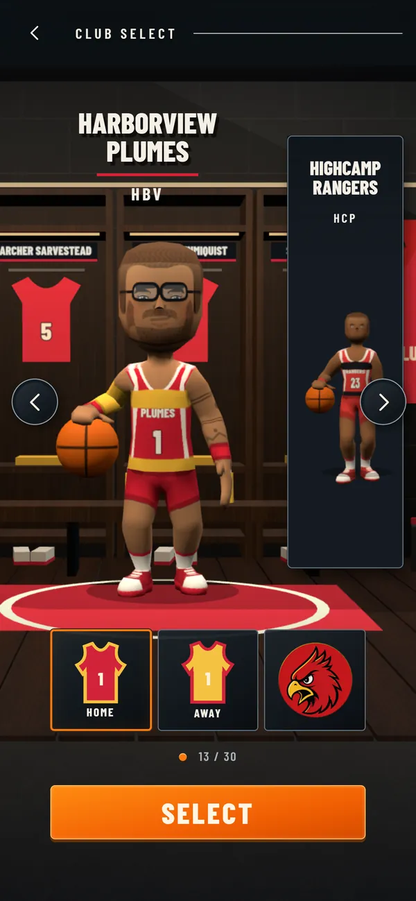 Club select in the locker room: the Harborview Plumes player with the ball, home and away kits, and the Highcamp Rangers next in line