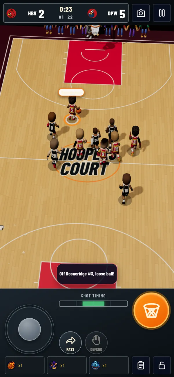 A live match: a loose ball near half court, the scorebug above, and the stick, shot meter, Pass, Defend and Shoot controls below