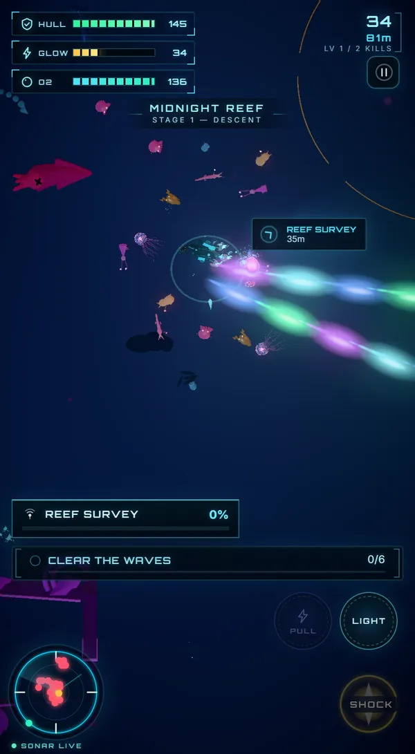 A firefight in the Midnight Reef: the sub's cannons track a school of glowing enemies while the hull and glow bars read at the top