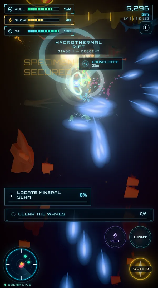A boss breaking apart in the Hydrothermal Rift under a white flash and rings of light