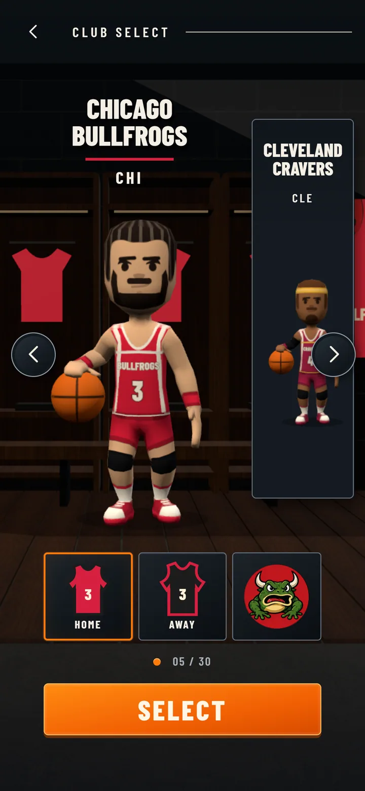 Club select screen in a locker room: the Chicago Bullfrogs player stands with the ball, home and away kits and the club badge below