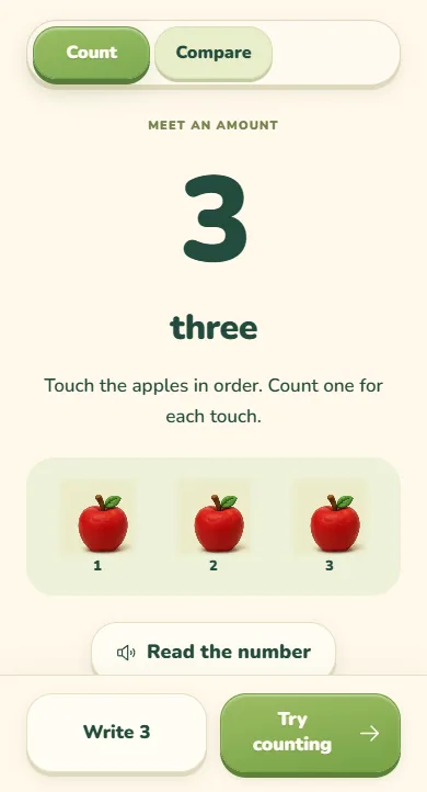 Try it: the number three with three apples to touch and count in order