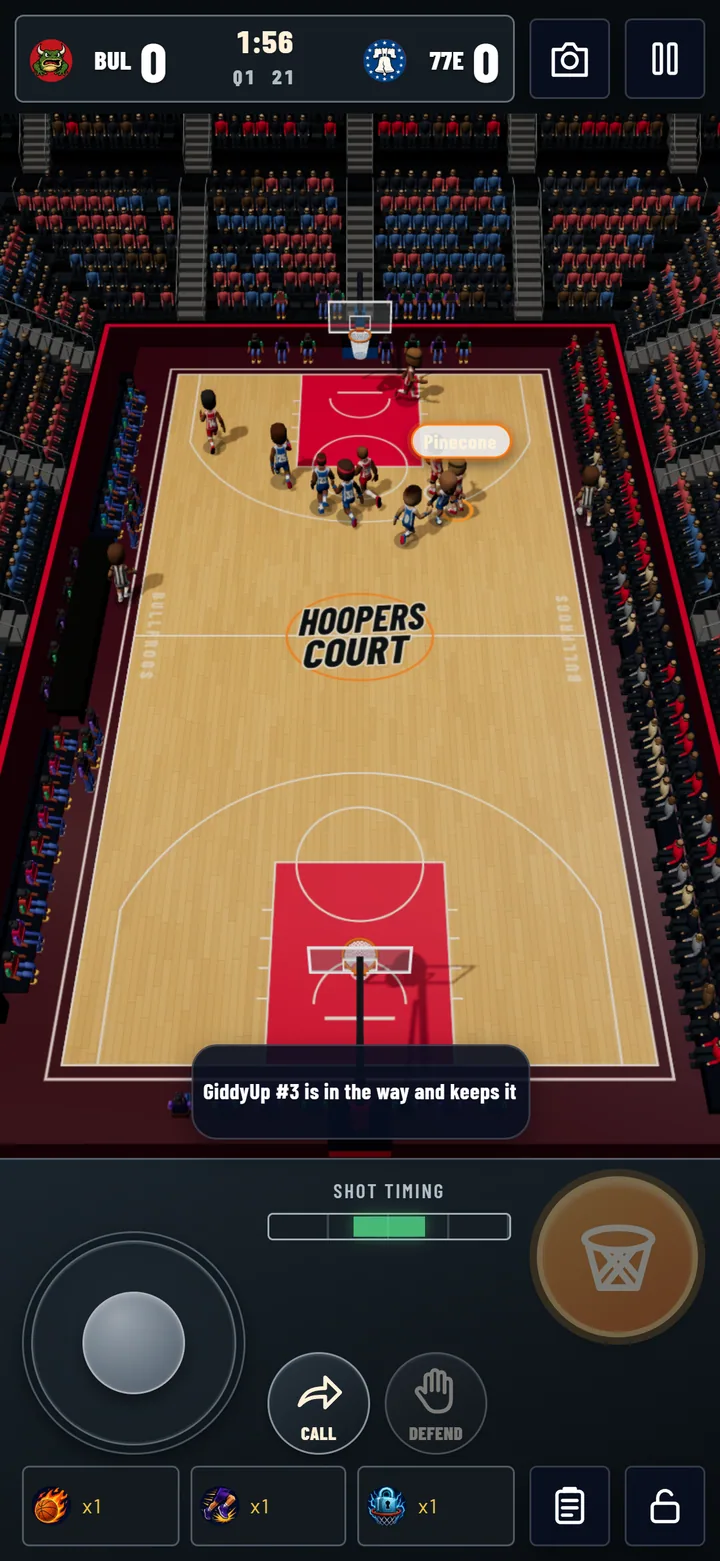 A live match in Hoopers Court: a full arena crowd around a lit hardwood court, scoreboard at the top, and the joystick, Call, Defend and Shoot controls at the bottom