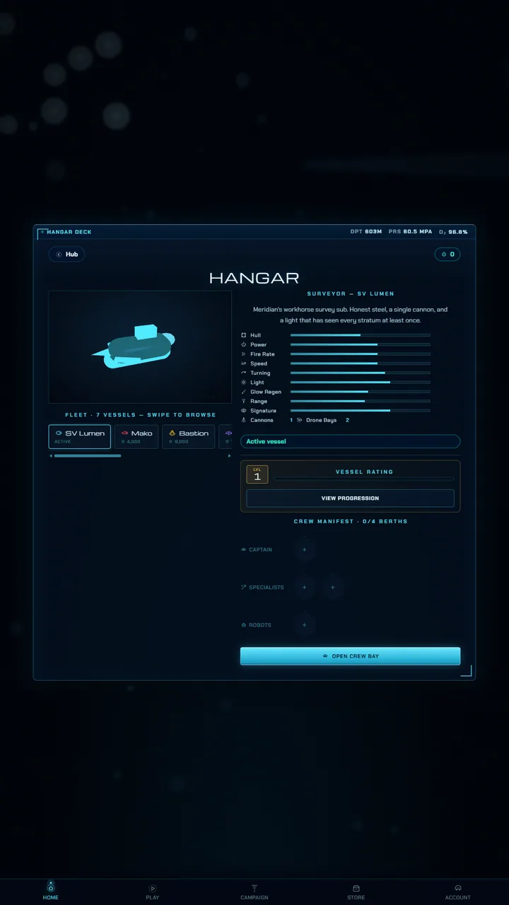 The Hangar deck: the SV Lumen with its hull, power, fire rate, speed, turning, light, glow regen, range and signature bars, the seven vessel fleet below, and empty crew berths for a captain, two specialists and a robot