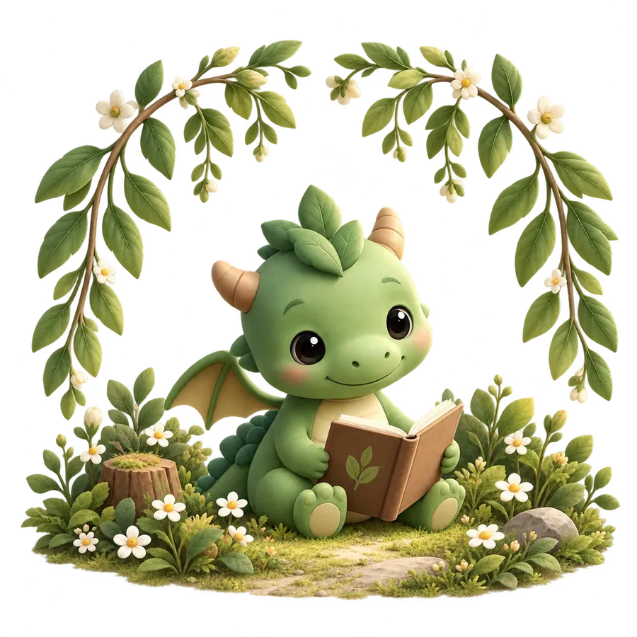 Sprout the dragon reading a leaf book under an arch of flowering vines