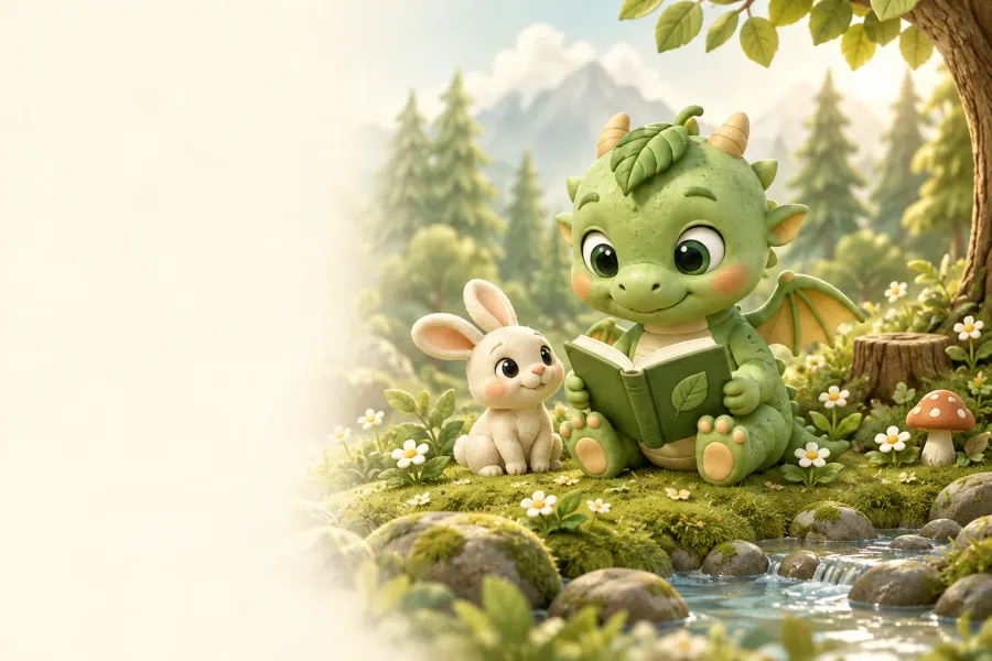 Sprout, a small green dragon, reads a leaf book beside a cream bunny on a mossy bank by a stream