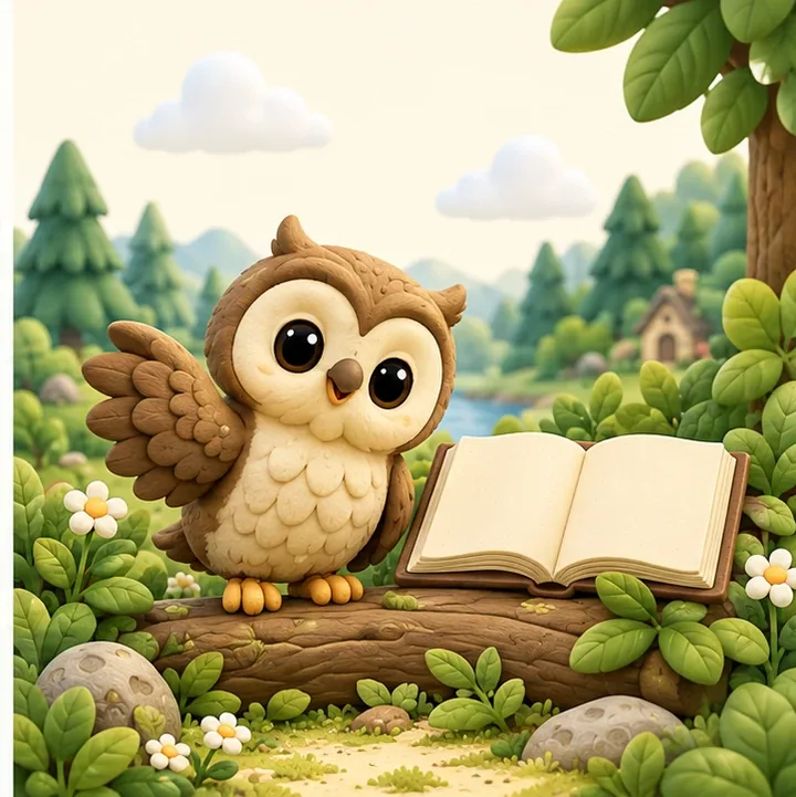 Pip the owl beside an open book on a log