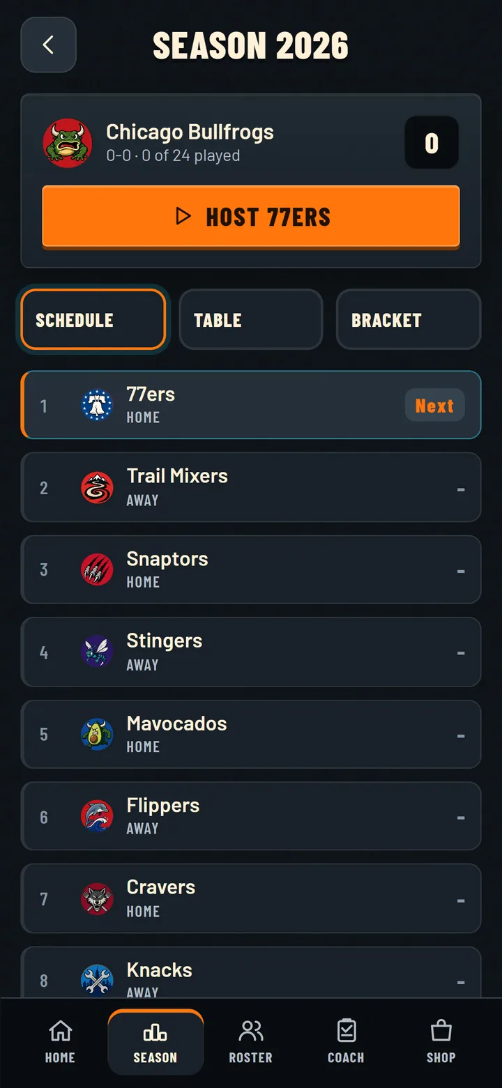 Season 2026 schedule for the Chicago Bullfrogs, listing upcoming fixtures against the Ducks, 77ers, Jellicans and more
