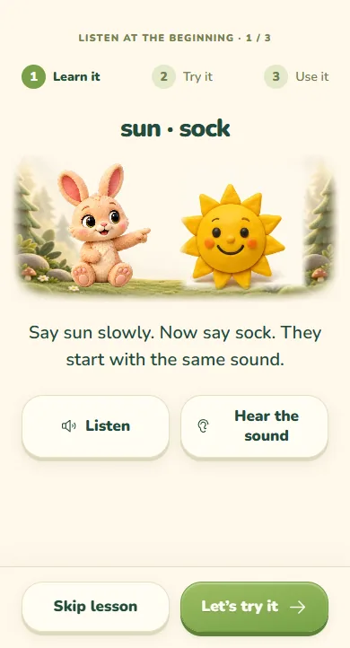 Learn it: the words sun and sock with a bunny and a smiling sun, and buttons to Listen and Hear the sound
