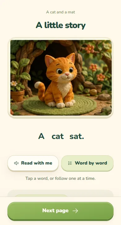 Use it: a little story page with an orange cat on a green mat and the sentence A cat sat, with Read with me and Word by word buttons