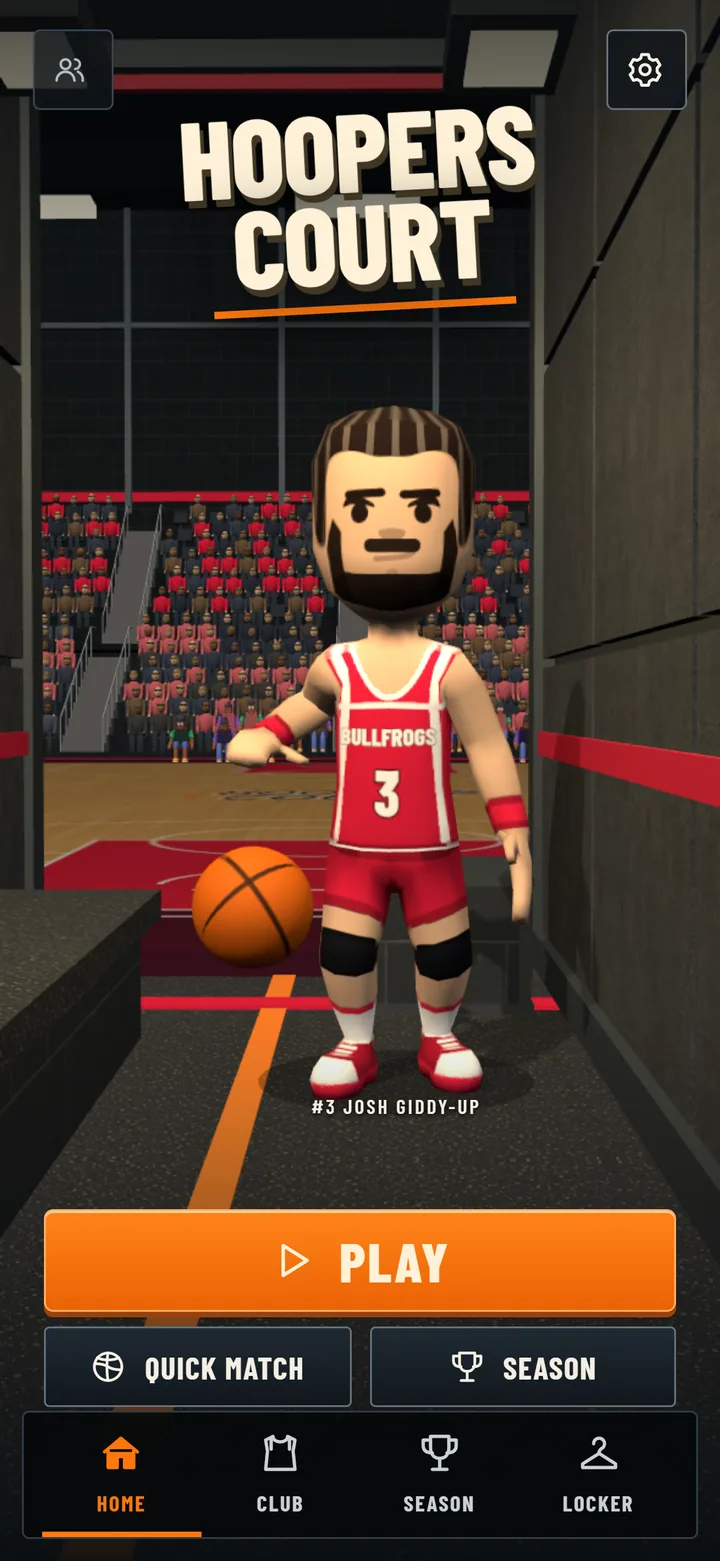 The Hoopers Court title screen: a player in a red Bullfrogs jersey stands in the arena tunnel with the crowd behind him and a big orange Play button below