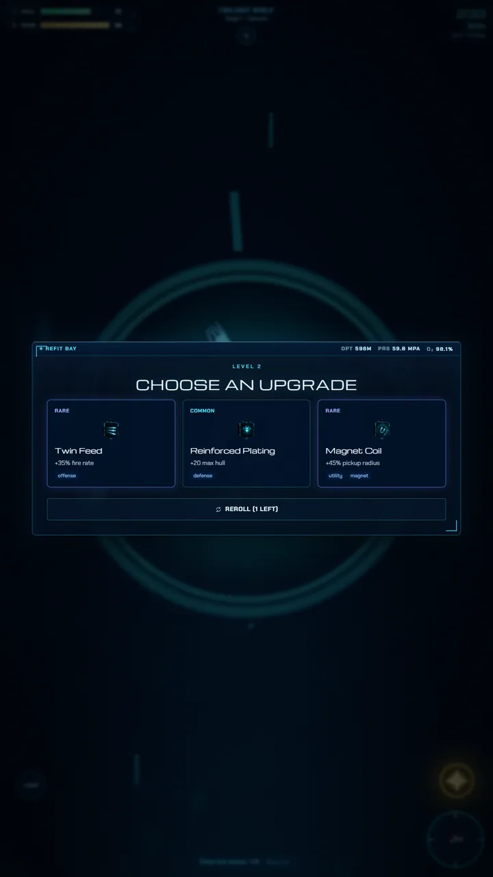 The Refit Bay at level 2: choose an upgrade between Twin Feed, Reinforced Plating and Magnet Coil, with one reroll left