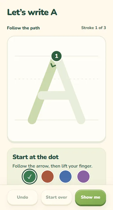 Let's write A: a large letter A with a numbered starting dot and the instruction to follow the path, stroke 1 of 3